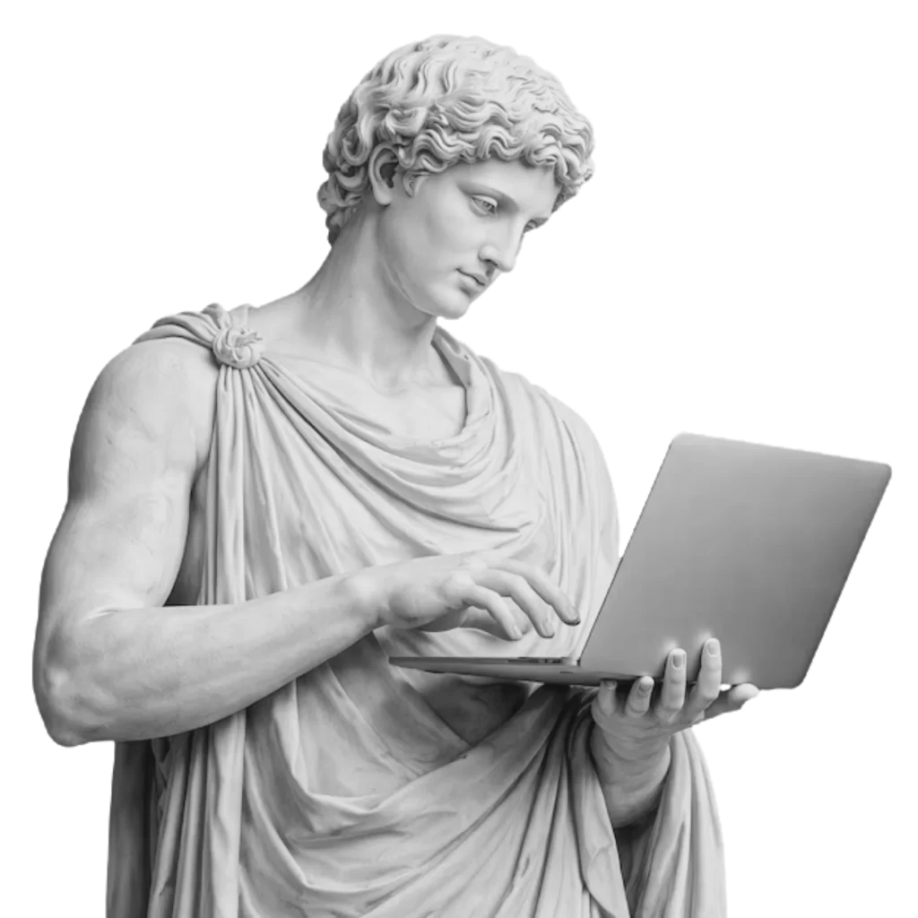 Marble statue working on a laptop